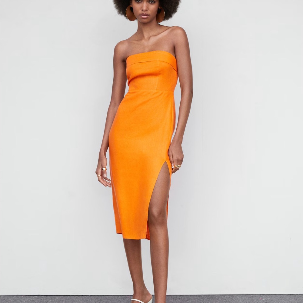 Mango Linen Orange Strapless Dress NWT Medium